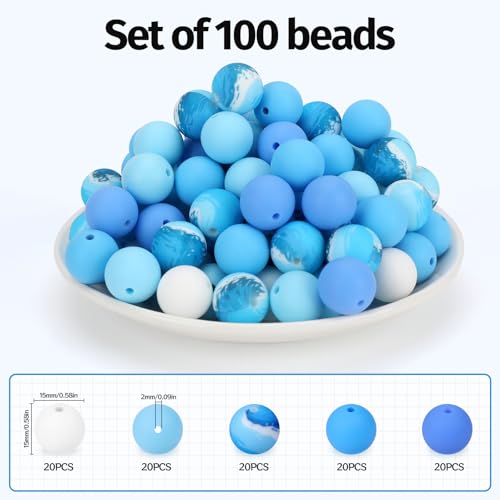 100 Pcs 15mm Silicone Beads for Keychain Making, Pink Gream Silicone Beads Bulk Round for Bracelets Pens Crafts Jewelry Making (Blue White) - color: Blue White