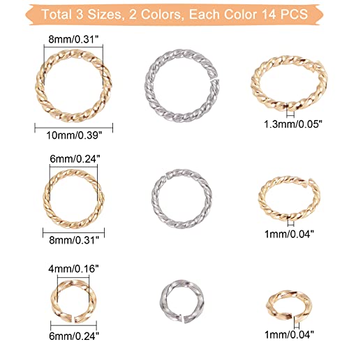 UNICRAFTALE 84pcs 6/8/10mm Twisted Open Jump Rings Golden and Stainless Steel Color Stainless Steel Jump Rings Connectors Rings for DIY Bracelet Necklaces Jewelry Making