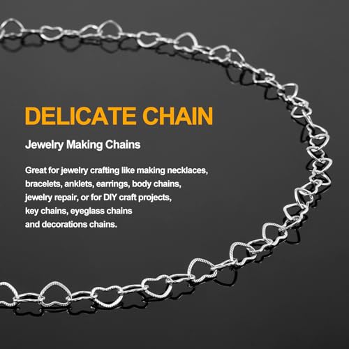 KYUNHOO 5 Meters Hollow Heart Chain for Jewelry Making Silver Embossed Heart Jewelry Links Stainless Steel Necklace Making Chains Bulk for Men Women DIY Handcrafts Finding Supplies - color: Heart Silver