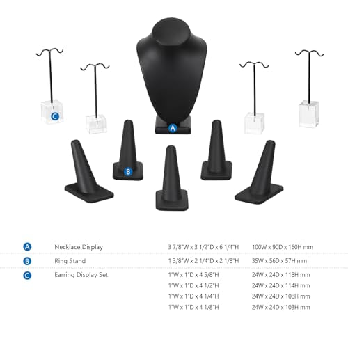 MOOCA Jewelry Display Set, Necklace Display Bust, Earring Organizer, Ring Holder Stand for Showcase and Store, Premium Fabric - color: 7) 10 piece. Black Faux Leather