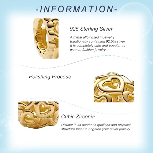 925 Sterling Silver Charms for Bracelets Gold Love and Heart Charms Cherry Blossom Dangle Beads Jewelry for Women - color: Gold Hollow Heart