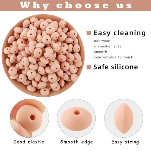 Sunrony 200Pcs Silicone Lentil Beads for Keychain Making, Bulk 12mm Silicone Abacus Spacer Beads for Necklace Bracelet Making Pens(Peach) - color: H-Peach