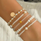 5Pcs Bohemian Multilayer Crystal Beads Stackable Bracelets Y2K Circle Disc Coin Pendant Colorful Beaded Elastic Stretch Bracelets for Women Boho Beach Vacation Holiday Jewelry Gift - color: White