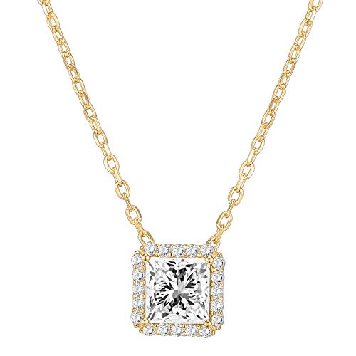 PAVOI 14K Gold Plated Post Faux Diamond Round Solitaire Pendant Halo Necklace | Gold Necklace for Women | Slider Adjustable - style: Princess