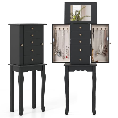 GOFLAME Standing Jewelry Armoire Cabinet with Top Flip Mirror, Jewelry Box Chest with 4 Drawers, Top Compartments, 8 Necklace Hooks and 2 Side Doors, Jewelry Storage Organizer for Bedroom, Black - color: Black, size: 12.5" x 8.5" x 34"