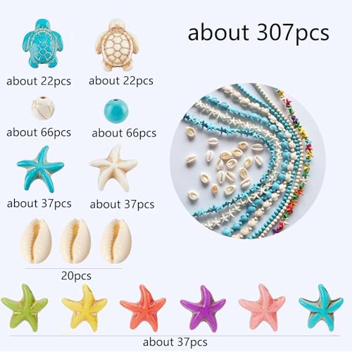 307Pcs Turquoise Sea Turtle Beads Blue and White Starfish Beads Tortoise Turtle Charms Summer Ocean Animal Spacer Bead for Jewelry Making DIY Bracelet Necklace(7 Strings) - color: Colorful
