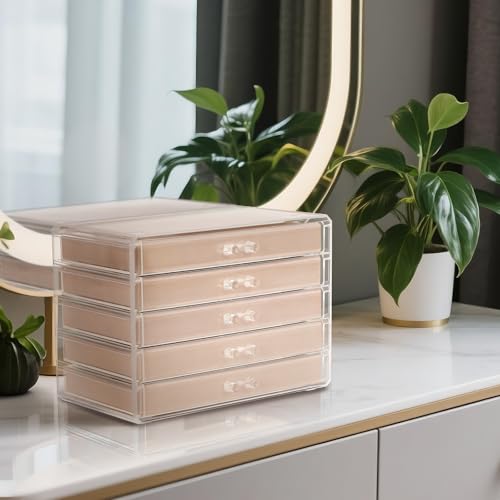 FEISCON Jewelry Box Organizer，Acrylic Storage Organizer with 5 Drawers Adjustable Velvet Trays grid size Jewelry Storage Box Clear Jewelry Organizer Gift for Women Girls (5 layer) - size: 5 layer