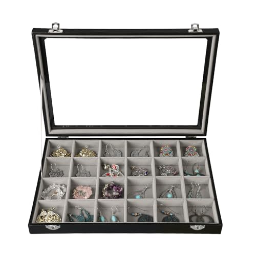 Stratalife Earring Organizer Velvet Jewelry Organizer Box 24 Grid Earring Tray Jewelry Display Jewelry Storage Jewelry Trays For Drawers Jewelry Display Case With Clasp (Gray Black) - color: Gray-Black, size: 24 Grid