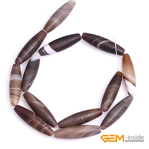 GEM-Inside Botswana Agate 8x30mm Bronw Olivary Banded Beads Natural for Jewelry Making Loose Beads Natural 15" - size: Brown-8x30mm-Matte