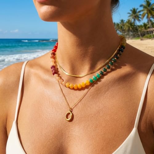 Gmai Layered Beaded Necklace for Women Colorful Trendy Snake Chain Circle Pendant Choker Gold Chain Adjustable Length Bohemian Rainbow Stackable Necklaces Jewelry Gift - style: Exquisite box packaging