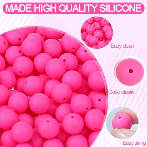 MAIBAOTA 120 Pcs Hot Pink Silicone Beads - 15 mm Round Beads for Keychain, Pens, Bracelet, Necklace Making - Bulk Pack with Boxed Kits - color: Hot pink