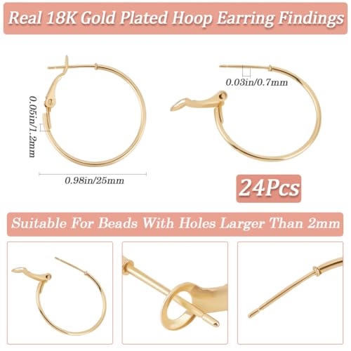 Beebeecraft 1 Box 24Pcs Hoop Earrings Findings Real 18K Gold Plated Round Open Beading Hoop Components for Jewellery Making DIY Crafts Art Accessories Creation Festival Gift Wedding Party Favor - color: Gold