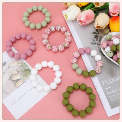 100 Pcs 15mm Silicone Beads for Keychain Making, Pink Gream Silicone Beads Bulk Round for Bracelets Pens Crafts Jewelry Making (Pink Green) - color: Pink Green