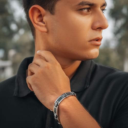 MagnetRX® Magnetic Bracelets for Men – Effective Mens Magnetic Bracelet with Carbon Fiber Inlay – Adjustable Length with Included Sizing Tool (Silver) - color: Silver Carbon Fiber (2X Strength)