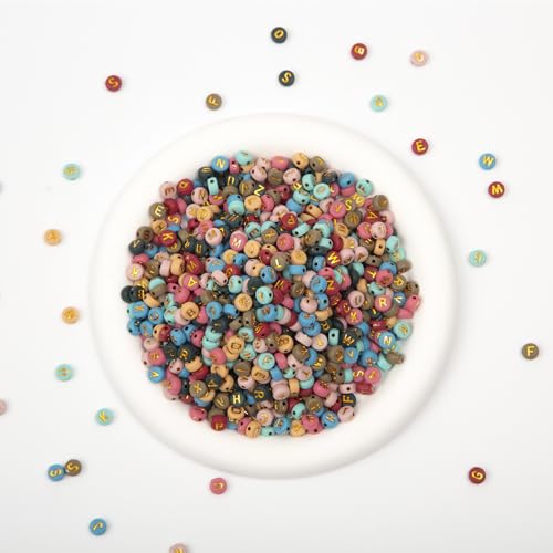 1000pcs 4x7mm Round Letter Beads Colorful Acrylic with Gold Letter Alphabet for Jewelry Making Friendship Bracelets (Gold) - color: gold