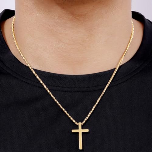 Fiusem Cross Necklace for Men, Silver/Gold/Black Mens Cross Necklaces with 2.5mm Cross Chain and Stainless Steel Cross Pendant, Box Chain 16-24 Inch, Jewelry Gift - size: 26.0 Inches, style: Small Golden cross: 1.2" * 0.7"