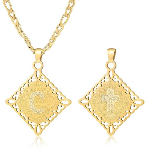 LETFLY Initial Necklaces for Women Men, 18K Gold Plated Letter Cross Pendant Necklace Alphabets A-Z Figaro Chain Jewelry Gifts - color: Rhombic, style: Letter C