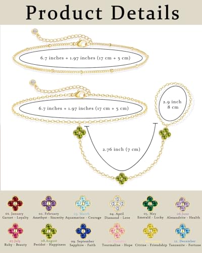 Gold Hand Chain Bracelets for Women Trendy Dainty Birthstone Clover Charm Ring Bracelet Hand Chain Set Non Tarnish 14K Gold Plated Stackable Finger Bracelets for Women Birthday Jewelry Gifts - color: 08. August(Peridot)