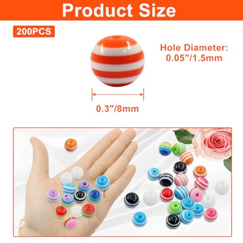 200pcs 8mm Resin Rainbow Beads, Plastic Stripe Multicolor Beads for Jewelry Making, DIY Bracelets, Earrings, Keychains & Craft Projects (Mixed) - color: Mixed