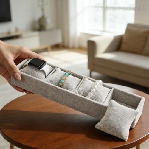 Framendino, 4 Slots Velvet Tray Jewelry Organizer with Pillow for Display Bracelet Watch Grey