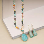 2 Pcs Boho Lapis Lazuli Jewelry Set for Women - Handmade Natural Stone Beaded Long Necklace with Oval Lapis Lazuli Pendant & Trapezoid Lapis Lazuli Earrings | Vintage Elegance | Ideal Gift for Her - style: Amazonite Pendant