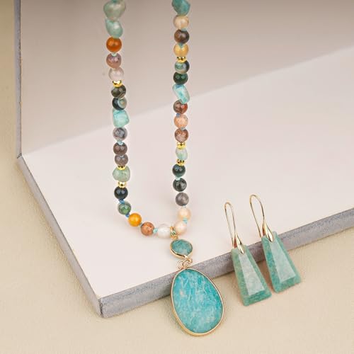 2 Pcs Boho Lapis Lazuli Jewelry Set for Women - Handmade Natural Stone Beaded Long Necklace with Oval Lapis Lazuli Pendant & Trapezoid Lapis Lazuli Earrings | Vintage Elegance | Ideal Gift for Her - style: Amazonite Pendant