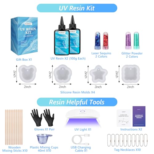 KISREL UV Resin Jewelry Making Kit, 200g Crystal Clear Resin with Light and Molds, DIY Jewelry Making Kit, Resina Starter Kit for Keychain and Earring - size: 200g