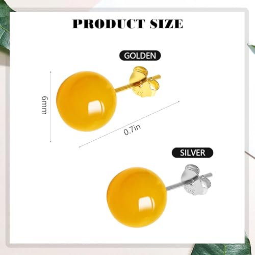 Jade Green Stud Earrings, Natural Round Beaded Agate Emerald Garnet Obsidian Gemstone Ear Studs Ball Jade Jewelry Gift, Green 8mm - color: yellow-6mm