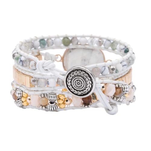 YGLINE Women Boho Handmade Natural Stone Crystal Leather Bead Wrap Bracelets Collection - color: Howlite-3w