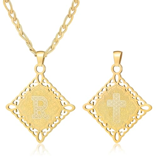 LETFLY Initial Necklaces for Women Men, 18K Gold Plated Letter Cross Pendant Necklace Alphabets A-Z Figaro Chain Jewelry Gifts - color: Rhombic, style: Letter R