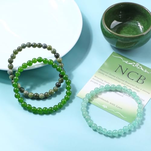 NCB 2.3-Piece 4mm Natural Crystal Gemstone Stretch Bracelets – Handmade Reiki Energy Healing Jewelry for Meditation,Yoga, Unisex - color: 3PCS ( Green Jade+Green Aventurine+Taiwan Jade ), size: 6mm