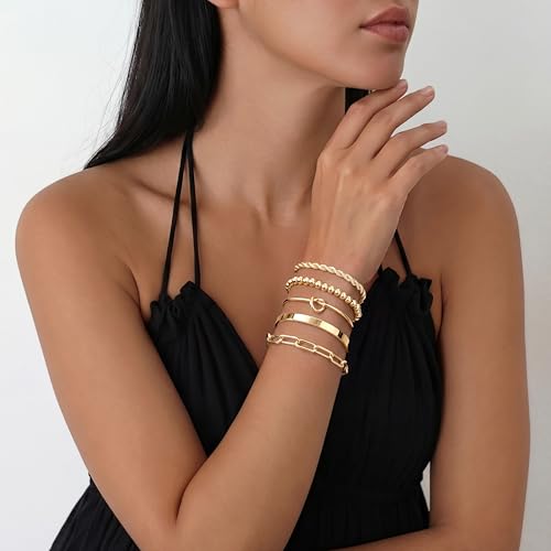 Gokeey Gold Bracelets Set for Women Non Tarnish, Waterproof 14K Gold Plated Sterling Silver Chunky Cuff Bracelet Stackable Gold Bangles Bracelet for Women Trendy Fashion Accessories Tie Knot Cuban Rope Paperclip Beaded Bracelet Stack Jewelry Mothers Day G