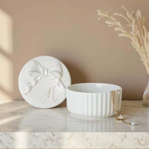 COLLECTIVE HOME Monogram Initial Jewelry Box with Bow - Elegant Ring Holder & Earring Dish | Christmas Gift Idea for Women, Unique Birthday Present for Her (M) - color: M