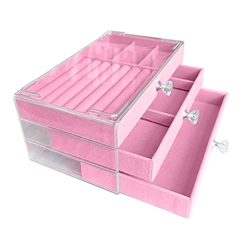 Clear Acrylic Velvet Jewelry Organizer with 3 Drawers, Stackable Display Storage Earrings Necklace Rings Bracelets Box Holder Case for Women, Pink - color: Pink