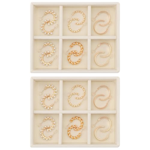 Ewen 2 Pack Mini Stackable Jewelry Trays for Drawers, 4.72x3.74x0.98in 6-Grid Display Case for Jewelry Organization, Velvet Bead Organizer and Containers for Storage of Earrings Necklace Rings, Gray - color: Beige