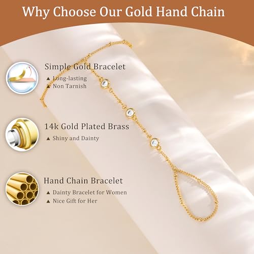 CHESKY 14K Gold Plated Hand Chain Bracelets for Women Set - Dainty Finger Ring Bracelet Stack Adjustable Hand Chains Durable Beaded Bracelets Trendy Simple Body Jewelry Gift for Women - style: 1CZ bracelet-gd