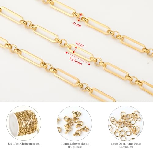 KYUNHOO 13 Feet Stainless Steel Chain for Jewelry Making 4MM Wide Paperclip Chains Small Circle Link Chain Gold Jewelry Making Chains with Lobster Clasps and Jump Rings - color: Paperclip Gold