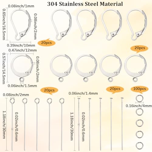 1 Box 180Pcs Stainless Steel Leverback Earring Hooks Earring Hook Making Kit with Loop Hypoallergenic Head Eye Pins Jump Rings No Tarnish Lever Back Earwire Clasps for Jewelry Making DIY - color: Silver