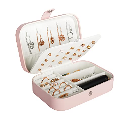 Hatori Travel Jewelry Box, PU Leather Small Jewelry Organizer for Women Girls, Portable Mini Travel Case Display Storage Holder Boxes for Stud Earrings, Rings, Necklaces, Bracelets (Pink) - color: Pink