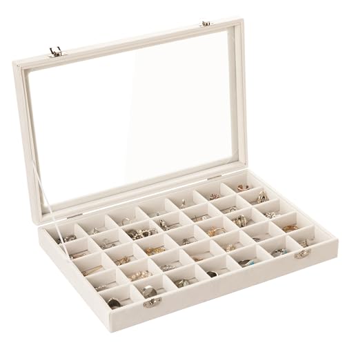 Frebeauty Velvet Jewelry Tray,35 Grid Jewelry Organizer with Clear Lid,Earring Holder Organizer Case with Clasp,Drawer Insert for Rings Studs,13.8 x 9.5 x 2 Inches,Gift for Women Girls(Beige) - color: Beige, size: 35 Grid