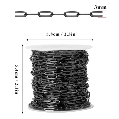 [33 Ft] Gunmetal Paperclip Chains Roll, 3mm Width 304 Stainless Steel Black Paperclip Oval Link Chain Spool Bulk for DIY Jewelry Making - color: black color(3mm)