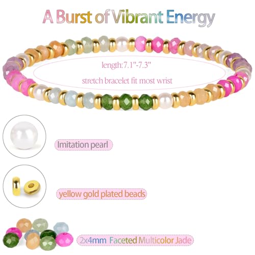 QOGIR 14k gold Handmade Healing Bracelet, Natural Gem Stone Crystal Elastic Gold Bracelet - color: 01- Multicolor Beads, size: 4m