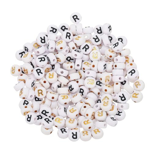 HARFINGTON 200 Pcs 4x7mm Acrylic Letter Beads, Round White Alphabet Beads Letter R, Alphabet Spacer Beads for Jewelry Making Bracelets Necklaces - style: Letter R