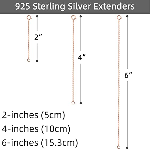 Rose Gold Necklace Extender Rose Gold, 925 Sterling Silver Necklace Extender Chain Bracelet Anklet Jewelry Extension for Necklaces, 3 Piece Set (2, 4, 6 Inches) - color: RoseGold, size: 2 4 6 inch