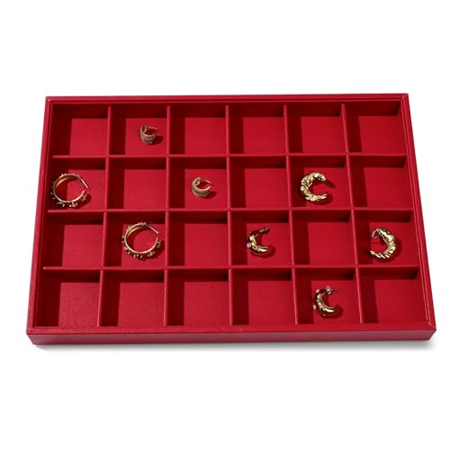 24 Grids PU Leather Jewelry Trays Earrings Tray Jewelry Display Tray Stackable Ring Earring Organizer Tray Jewelry Trays For Drawers Rings Earrings Holder (Red) - color: Red, size: 24 Grid