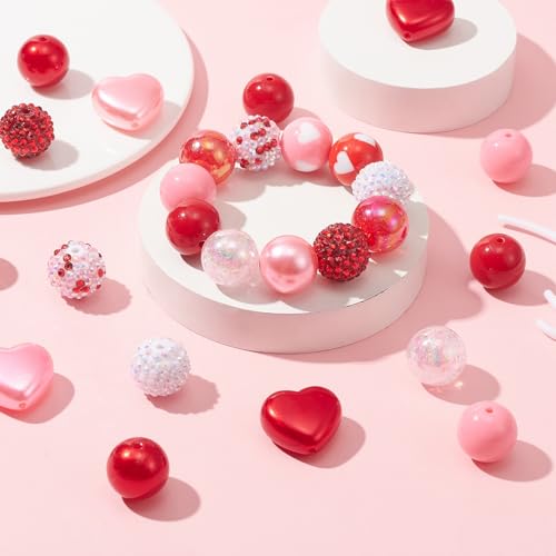DanLingJewelry 50pcs 20mm Valentine's Day Theme Pink & Red Bubblegum Acrylic Heart Beads for DIY Jewelry Making Accessories - color: 50pcs - Valentine