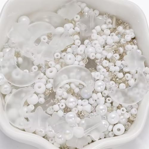 Mixed Star Moon Crystal Glass Beads Seedbeads Loose Round Pearl Beads for Jewelry Making Craft Bracelets Necklaces Earrings DIY Crafts Projects White Glass Spacer Bead Kits for Crafts - color: White
