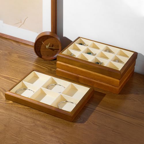 12 Girds Solid Wood Jewelry Tray Microfiber Ring Earring Stackable Drawer Organizer for Display Storage (Cream White) - style: 12 Grid