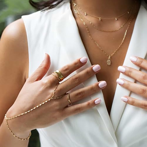 YEEZII Gold Hand Chain Bracelets for Women, 2 Pcs 14k Gold Plated Cubic Zirconia Link Chain Bracelet Set, Trendy ring bracelet hand chain Jewelry for Her - color: Gold-A