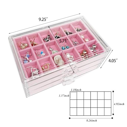 YUFONG Earring Organizer Box Acrylic Jewelry Organizer with 3 Drawers 54 Adjustable Grids Clear Stackable Earring Holder Velvet Trays Ring Display Case for Women Girls (Pink) - color: Pink